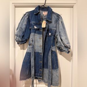 Puff Sleeve Two-Tone Colorblock Blue Denim Jacket Dress